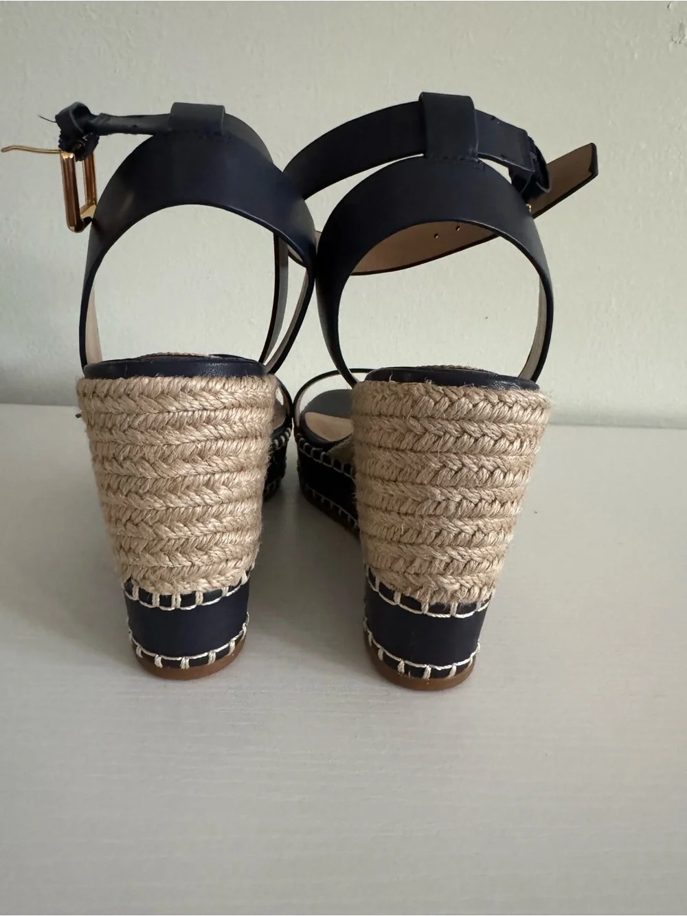 Lauren Ralph Lauren Black Espadrille Wedge Sandals with Gold Buckles